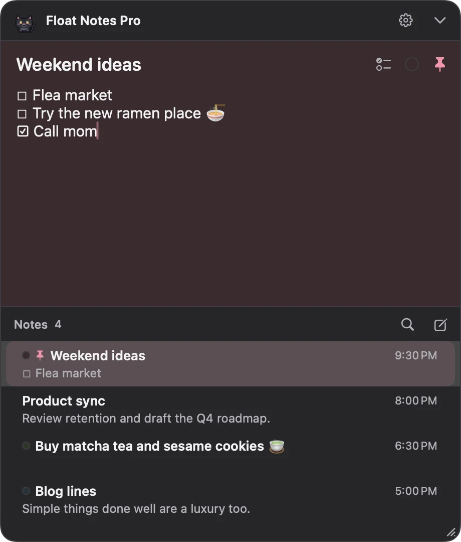 Notes panel in dark mode