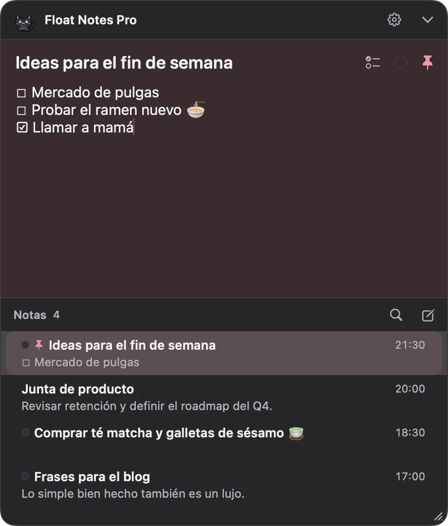 Panel de notas en modo oscuro