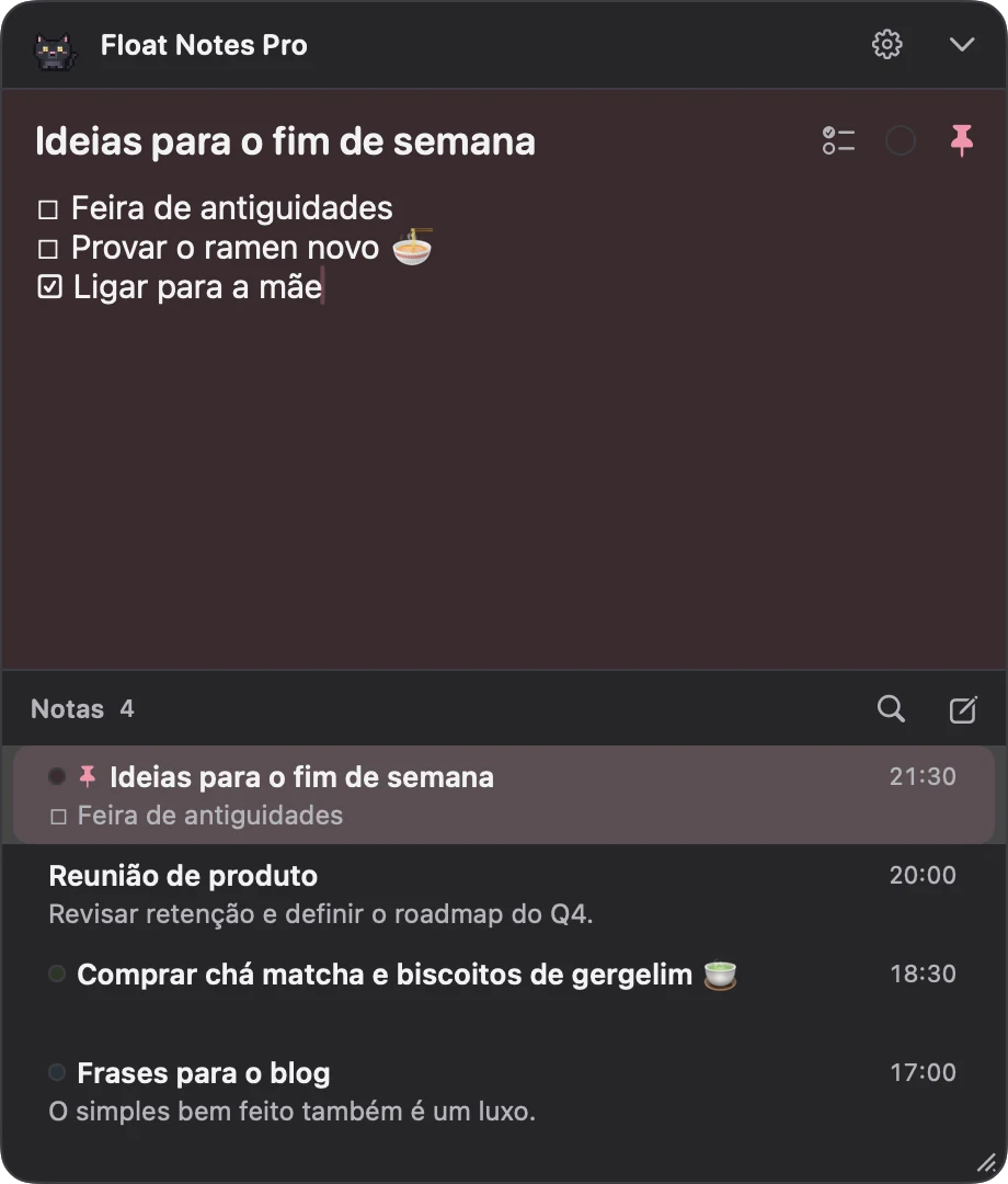Painel de notas no modo escuro