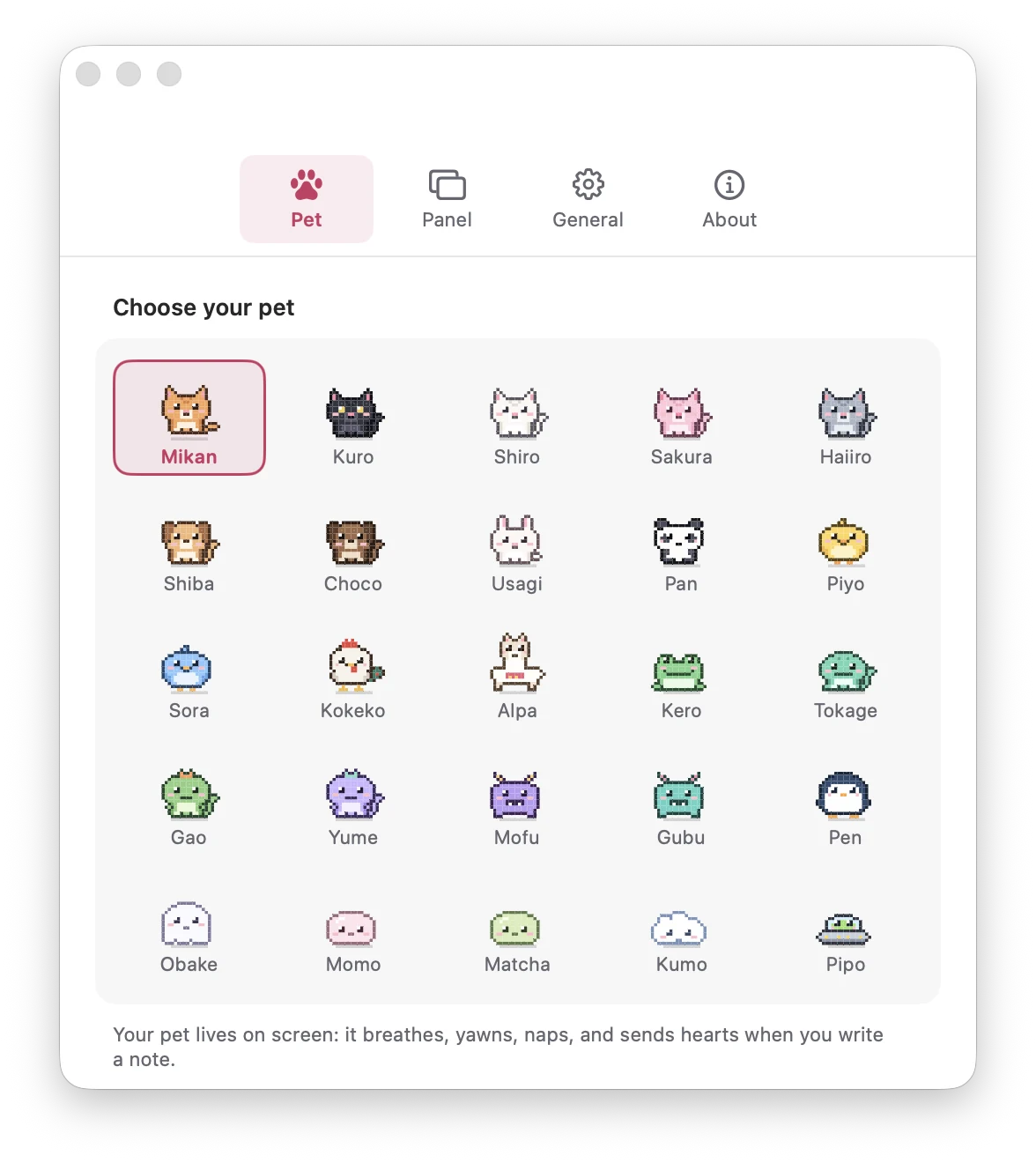 Settings window with the grid of pixel pets to choose from
