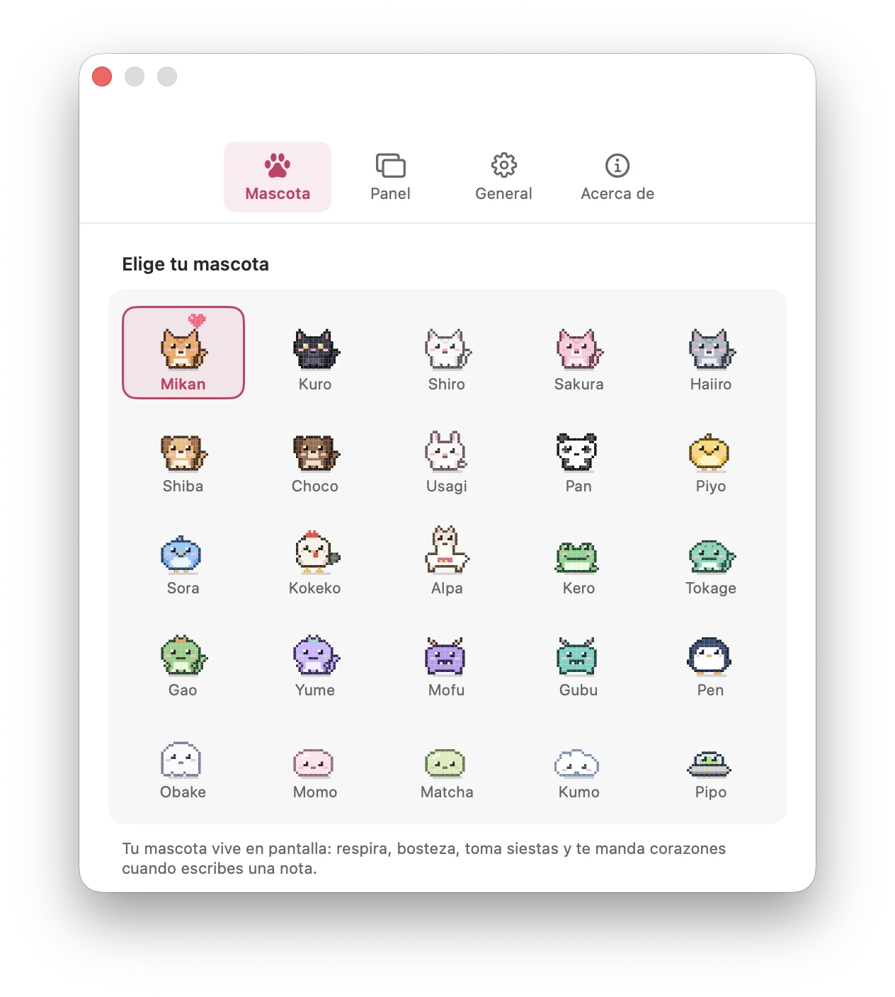 Ventana de ajustes con la cuadrícula de mascotas pixel para elegir