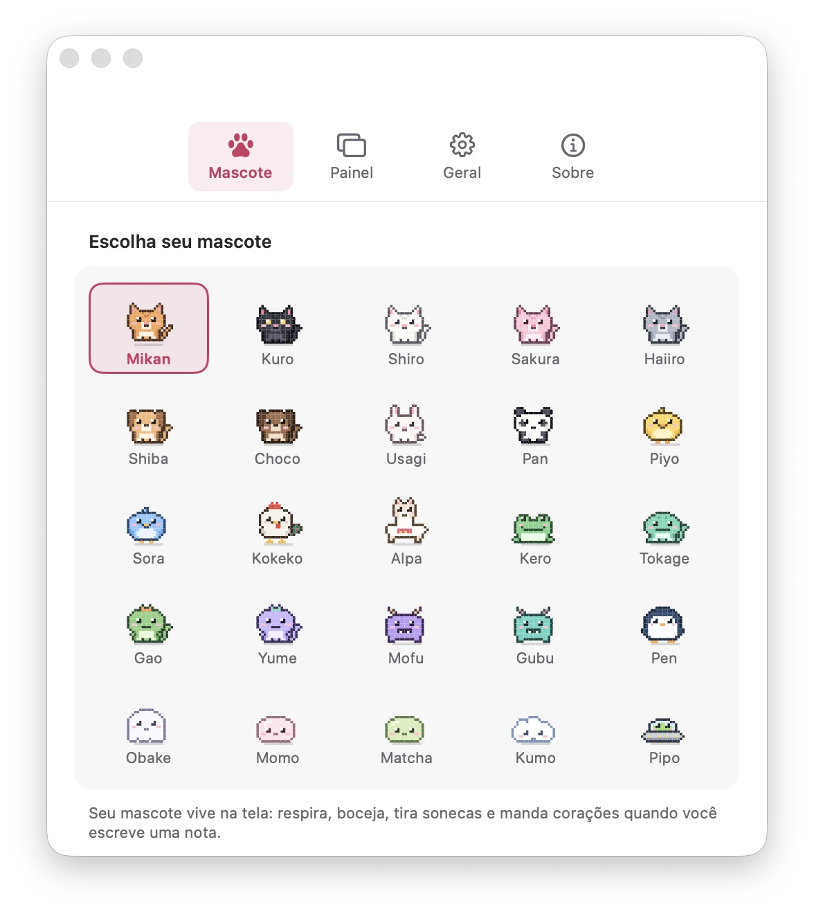 Janela de ajustes com a grade de pets em pixel para escolher